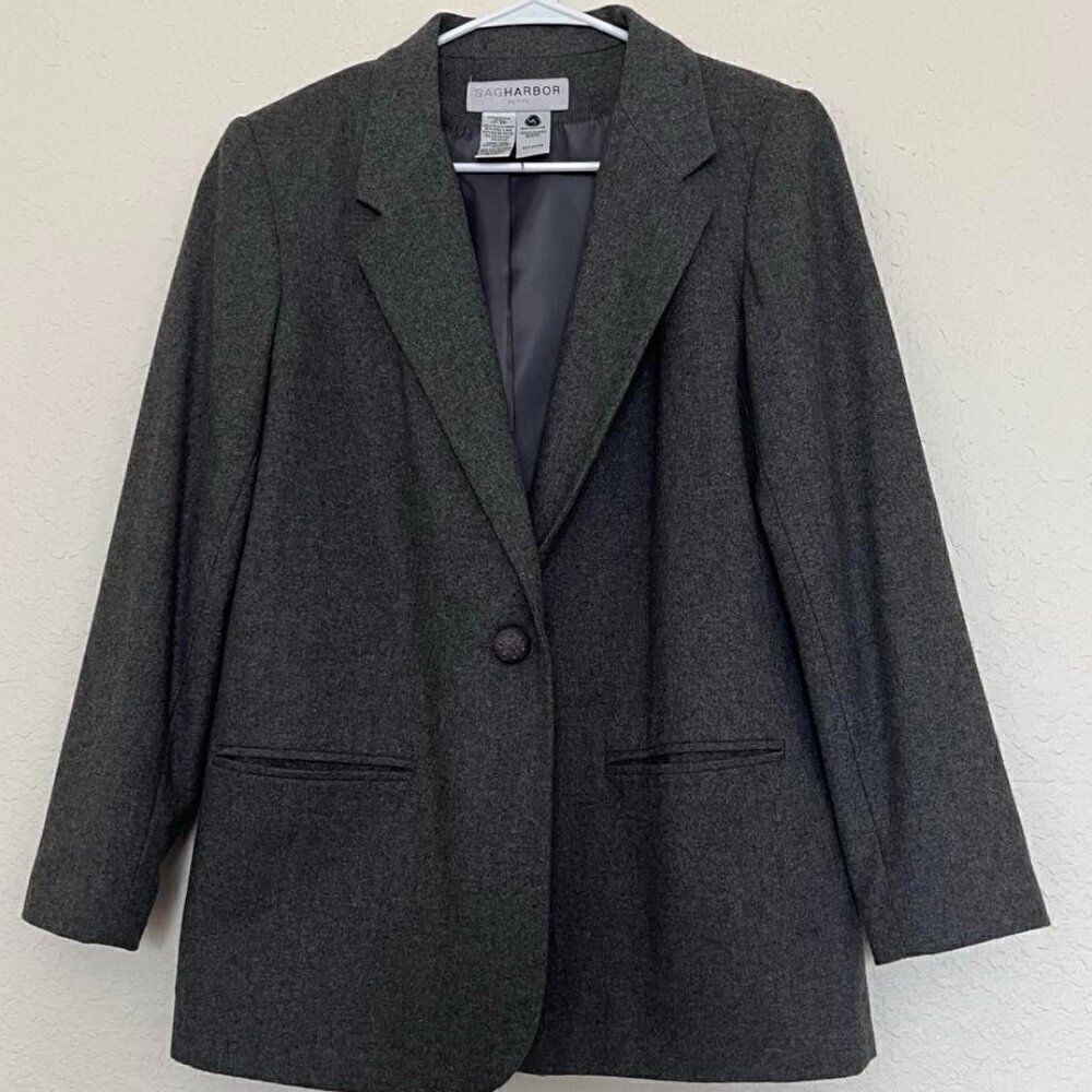 Sag Harbor Jacket Women's size 8P Grey Wool Blend Career Blazer One Button - Picture 5 of 11